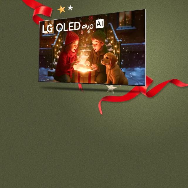 “It’s gift season” badge. Opened and unopened gift boxes appear in a cluster. Center box displays LG OLED TV.