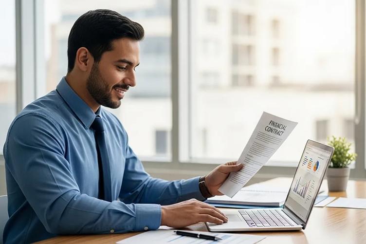 Financing Referral Services - man sitting at desk with laptop reviewing a financial contract