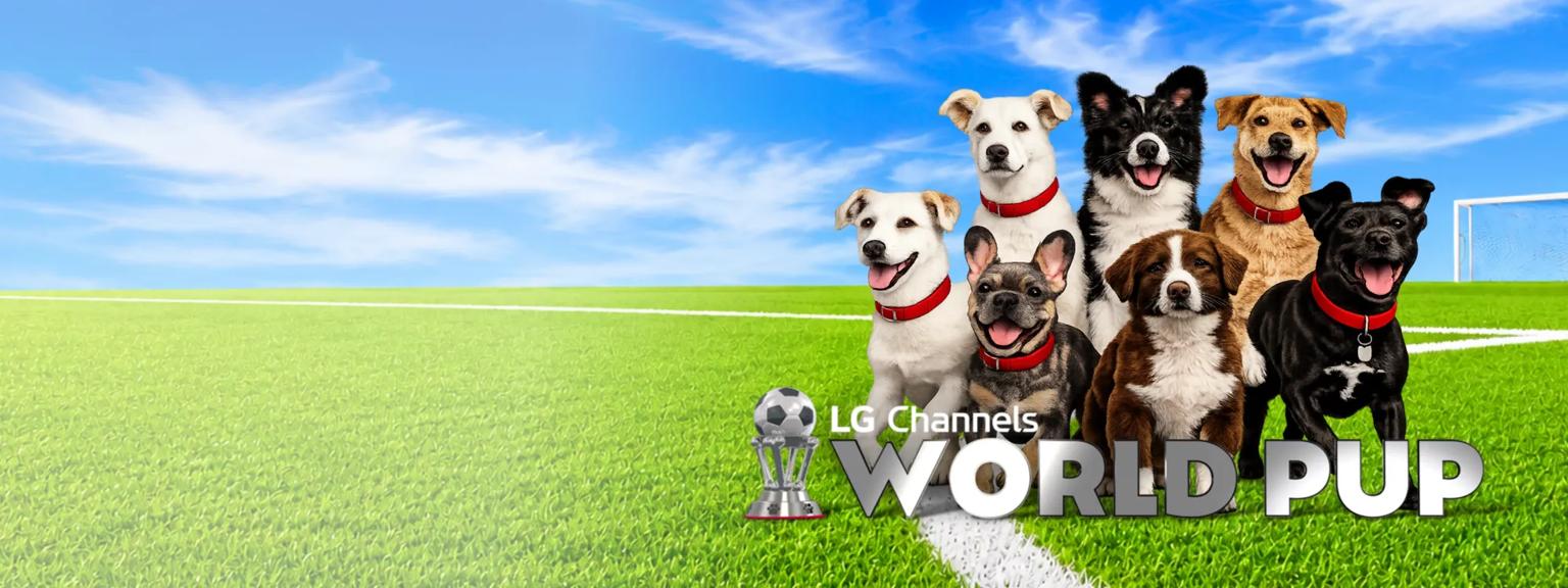 A group of seven happy dogs wearing red collars pose on a soccer field under a blue sky, surrounding a soccer ball and trophy icon. Large text reads ‘LG Channels World Pup.’