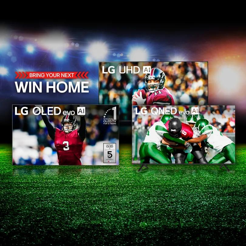 “Bring your next win home” title badge. A group of LG TVs on a football field backdrop. Football scenes appear on TV screens.
