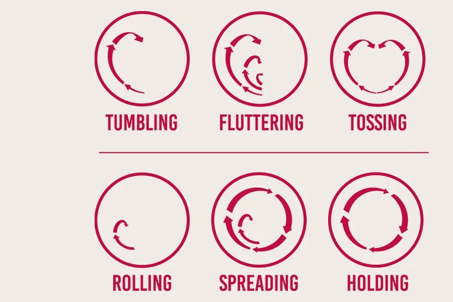LG DLHC8402B Dryer exclusive direct drive feature infographic showing six drum motion types: tumbling, fluttering, tossing, rolling, spreading, and holding