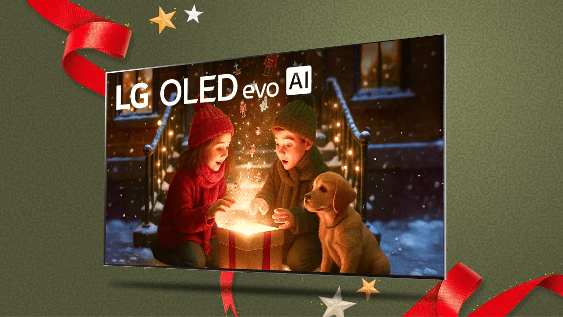 “It’s gift season” badge. Opened and unopened gift boxes appear in a cluster. Center box displays LG OLED TV.