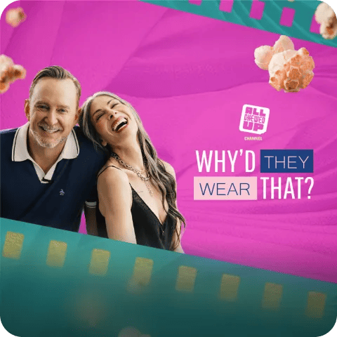 Promotional banner for the show 'Why'd They Wear That?' against a vibrant magenta background with bold text and scattered popcorn graphics.