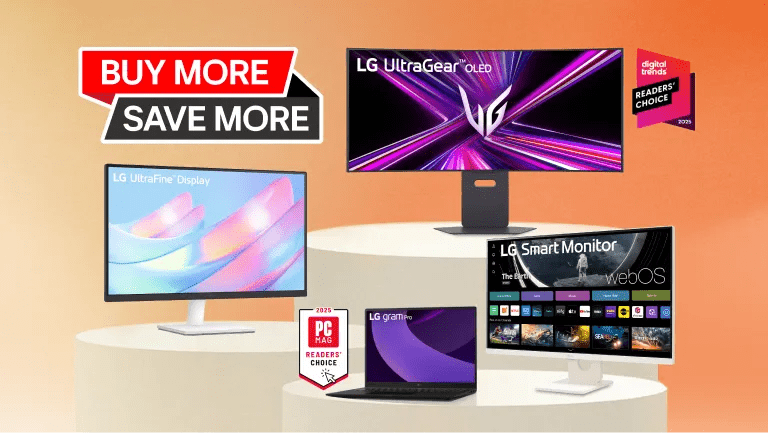 “Buy More Save More” title badge. A group of monitors appear side-by-side. “2025 PC MAG Readers’ Choice” and “Digital Trends Readers’ Choice 2025” badges.