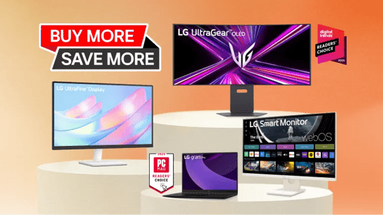 “Buy More Save More” title badge. A group of monitors appear side-by-side. “2025 PC MAG Readers’ Choice” and “Digital Trends Readers’ Choice 2025” badges.