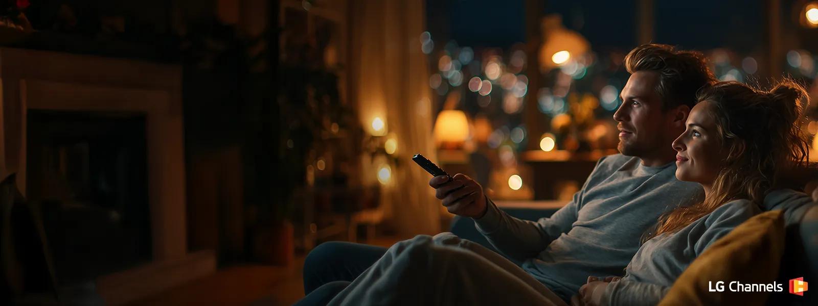 Couple sitting on a couch at night watching TV together in a cozy, warmly lit living room with city lights visible through the window. The LG Channels logo is in the corner.