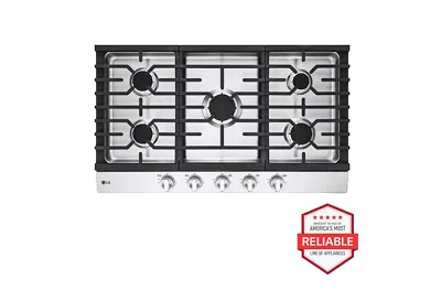 A top-down image of an LG CBGJ3623S gas cooktop next to a red 'Brought to you by American's Most Reliable Line of Appliances' badge and a blue 'ENERGY STAR® certified' badge.