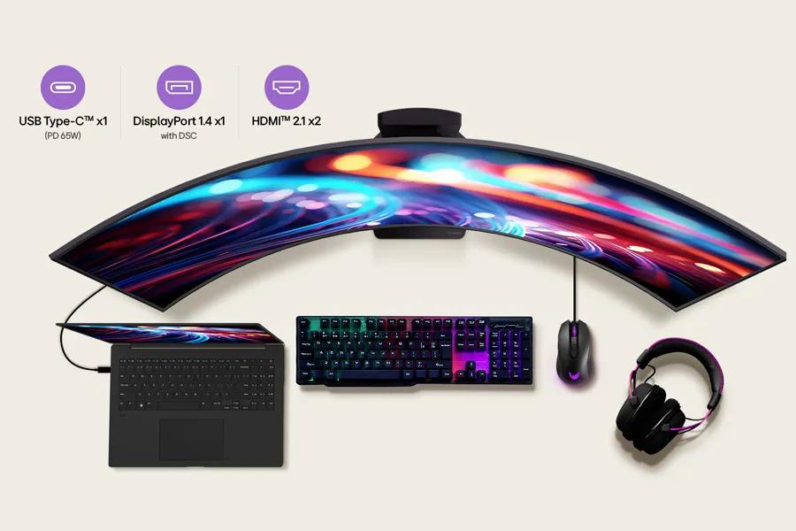 LG 45GX90SB-B UltraGear OLED Gaming Monitor connectivity features with USB Type-C, DisplayPort 1.4, and HDMI 2.1 ports