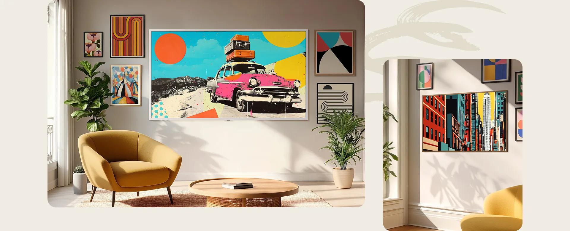 LG Gallery TV LX7 featuring its Gallery Design with frame, showcased on the left with a minimalist white frame and on the right with a warm wood frame to demonstrate how its customizable frames allow the TV to blend seamlessly into any interior like a framed gallery piece.