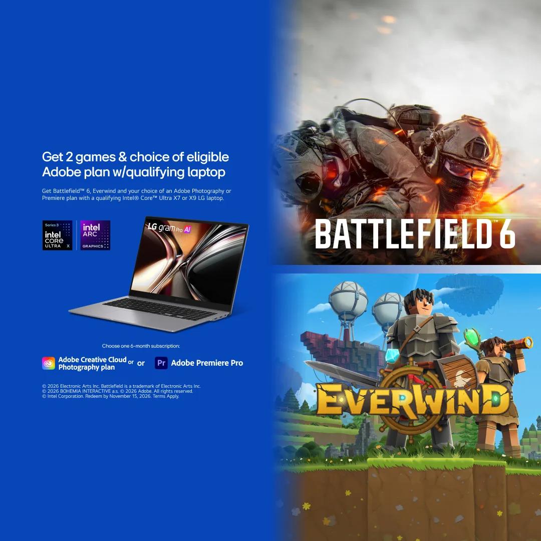 LG gram Pro AI laptop bundle promo: text reads "Get 2 games & choice of eligible Adobe plan w/qualifying laptop — Get Battlefield 6, Everwind, and your choice of an Adobe Photography or Premiere plan with a qualifying Intel Core Ultra X7 or X9 LG laptop." Shows Intel Core Ultra and Intel Arc Graphics badges, the laptop with a colorful abstract wallpaper, and options for a 6-month Adobe Creative Cloud Photography plan or Adobe Premiere Pro subscription. Right side features key art from Battlefield 6 (soldiers in combat gear amid smoke and fire) and Everwind (stylized characters in a fantasy landscape with hot air balloons).