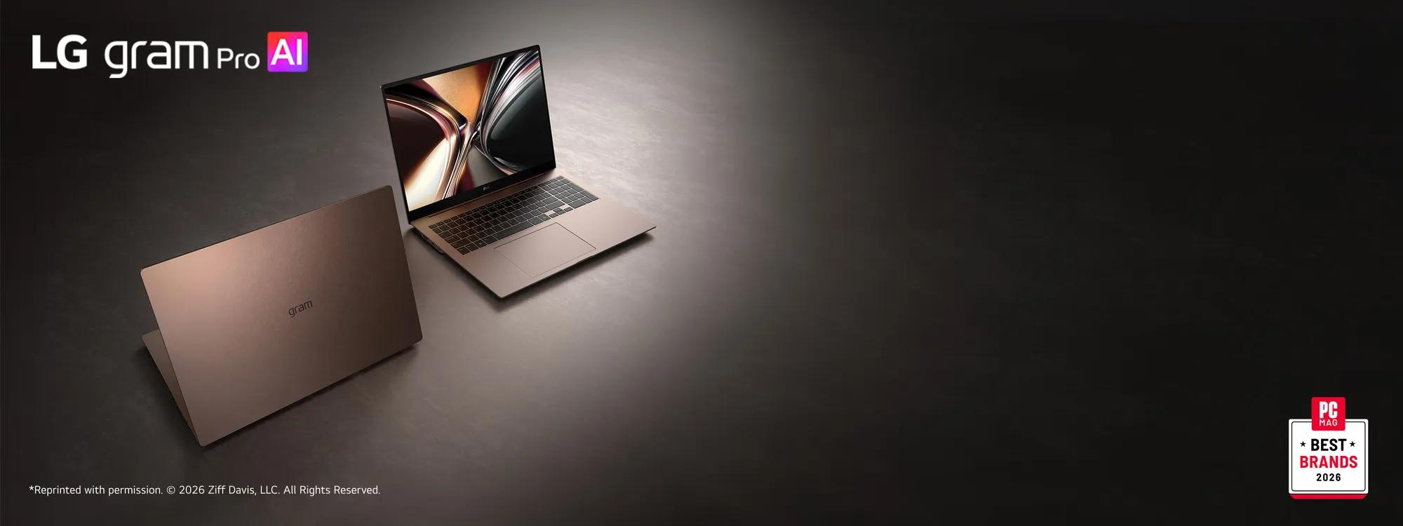Two LG gram Pro AI laptops shown in bronze with one device closed and another open displaying an abstract swirl graphic. “PC Mag Best Brands 2026” badge.