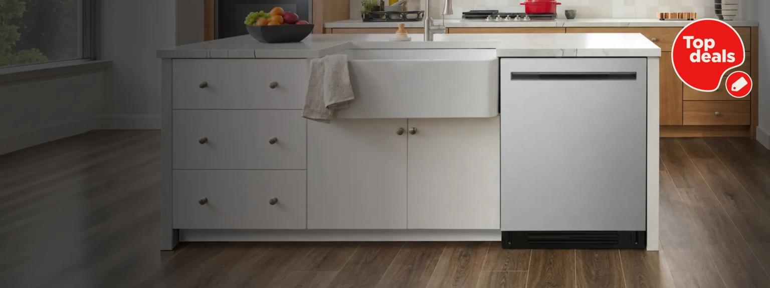An LG top control dishwasher in a stylish kitchen setting. “Top Deals”, and badges. 