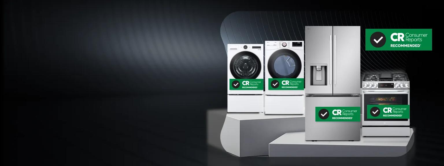 An LG washer, dryer, refrigerator and range stand on pedestals with Consumer Reports recommended badges.