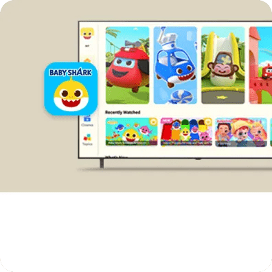 LG TV displaying the Baby Shark app interface with colorful kids’ shows and characters in the Recently Watched section.