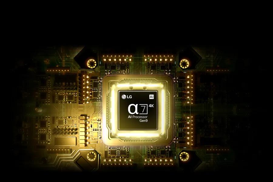 LG 32U701SB-B SmartMonitor featuring Alpha 7 4K AI Processor Gen9 chip on circuit board
