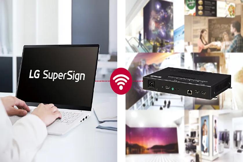 Laptop displaying "LG SuperSign" connected wirelessly to a device surrounded by various professional and abstract images.