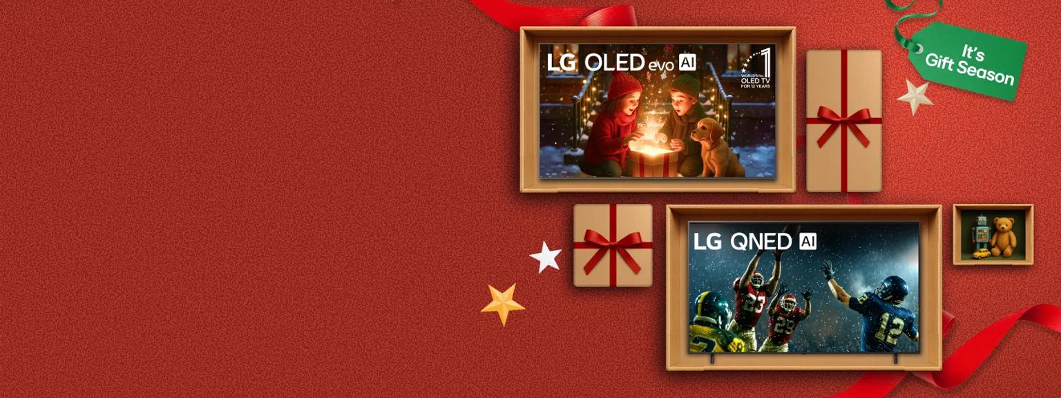 It’s gift season” badge. Opened and unopened gift boxes appear in a cluster. Various boxes display LG OLED and QNED TVs.
Staging: alt="“It’s gift season” badge. Opened and unopened gift boxes appear in a cluster. Center box displays LG OLED TV.