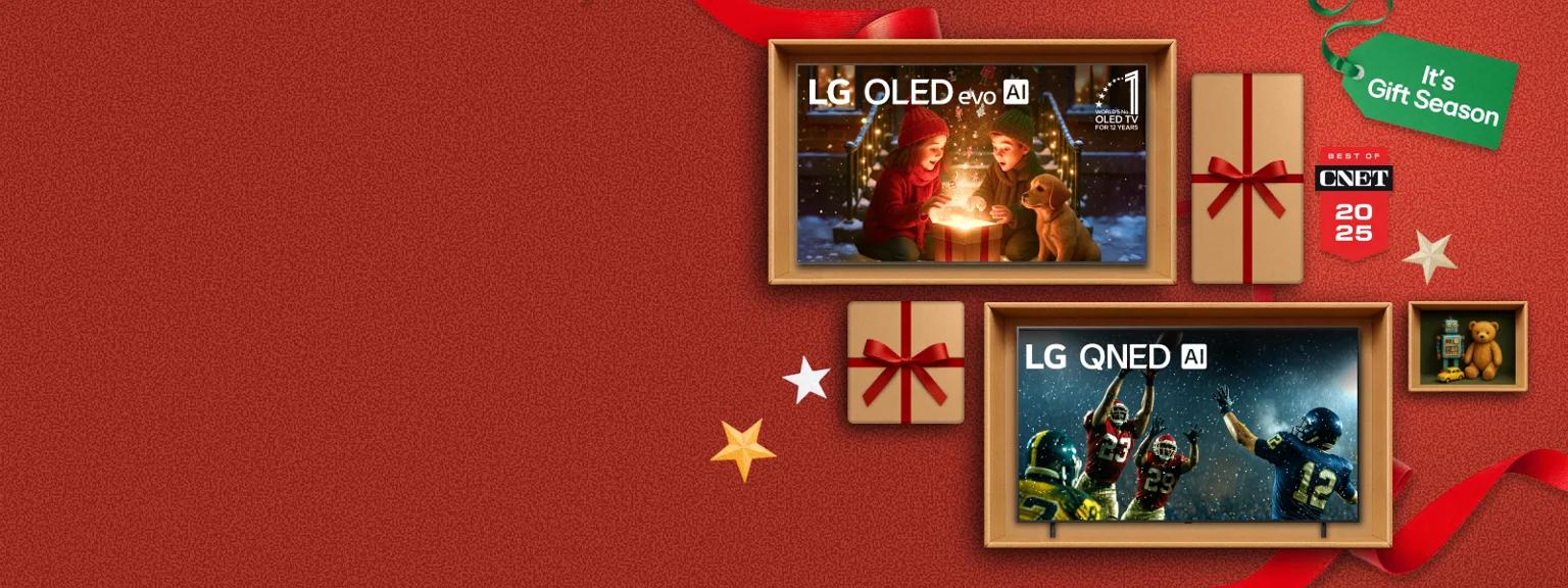 “It’s gift season” badge. Opened and unopened gift boxes appear in a cluster. Various boxes display LG OLED and QNED TVs. “Best of CNET 2025” badge.