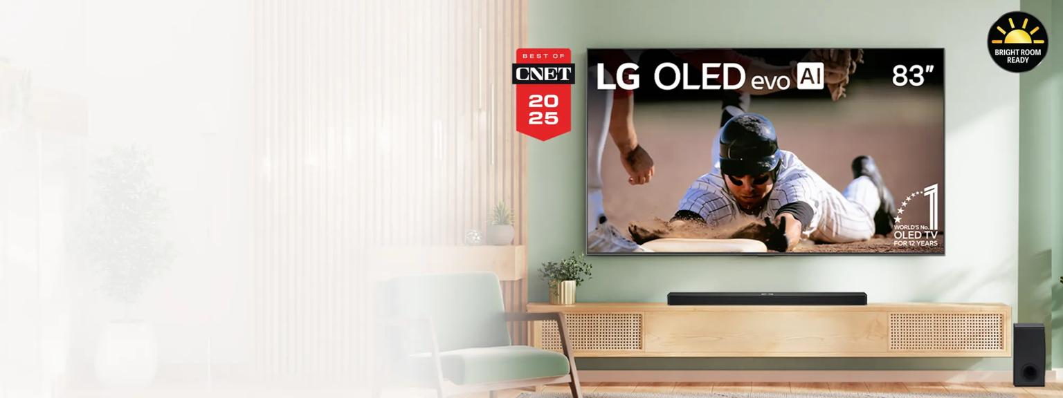 LG OLED TV displaying a baseball game in living room setting. “Best of CNET 2025” badge to left. “Bright room ready” badge to right.