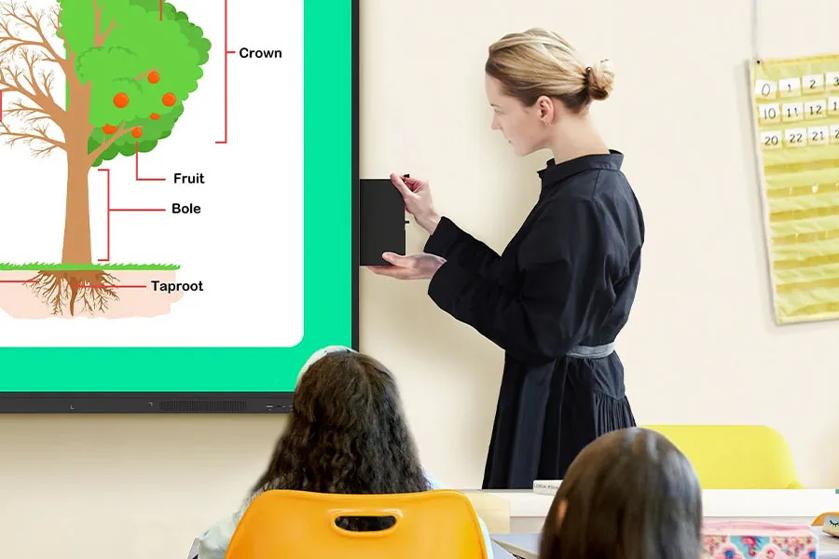 A teacher inserts a slot-in OPS into her LG CreateBoard interactive smart display.