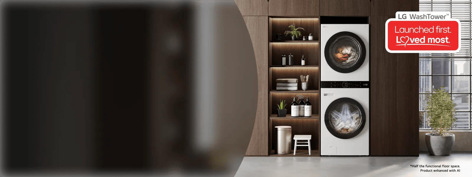 LG WashTower in a laundry room setting with shelving, featuring the LG WashTower badge: Launched first. Loved most.
