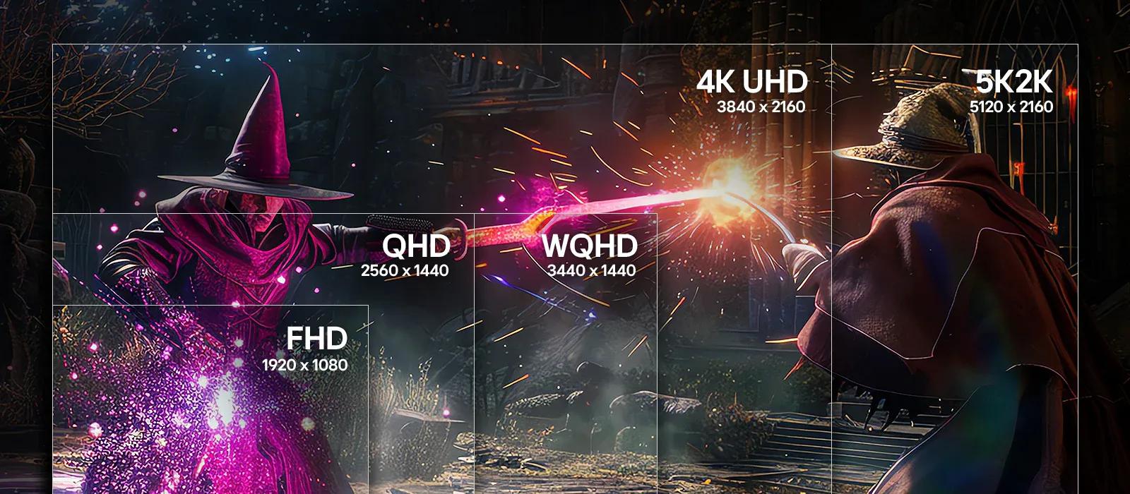 A fantasy battle between two wizards casting spells is overlaid with resolution labels, comparing FHD 1920×1080, QHD 2560×1440, WQHD 3440×1440, 4K UHD 3840×2160, and 5K2K 5120×2160 to show differences in screen detail and coverage.