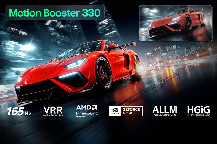 115QNED92BU Motion Booster 330 feature showing red sports car with 165 Hz VRR AMD FreeSync Premium NVIDIA GeForce NOW ALLM HGiG gaming technologies