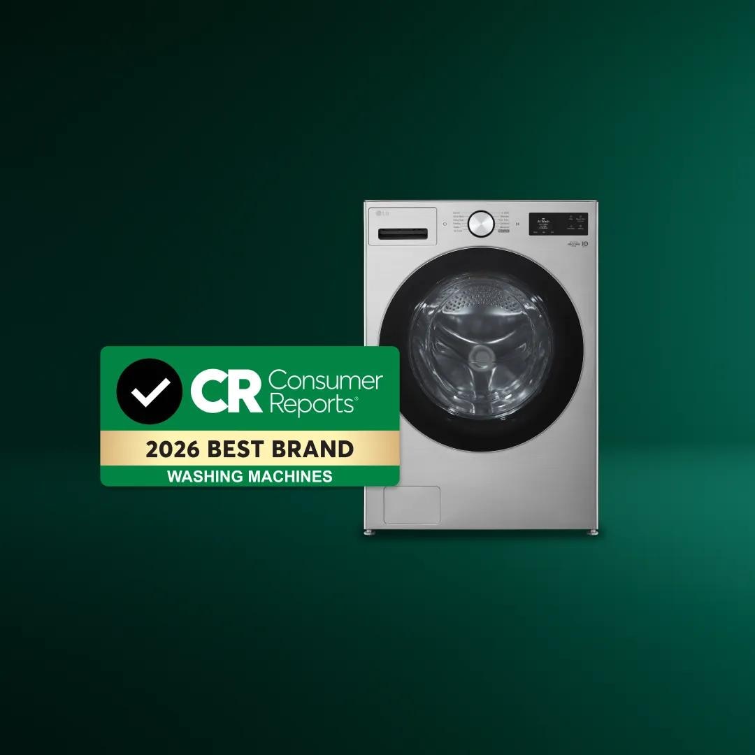 A stainless steel LG front-load washer on a green background with a Consumer Reports 2026 Best Brand badge for washing machines.