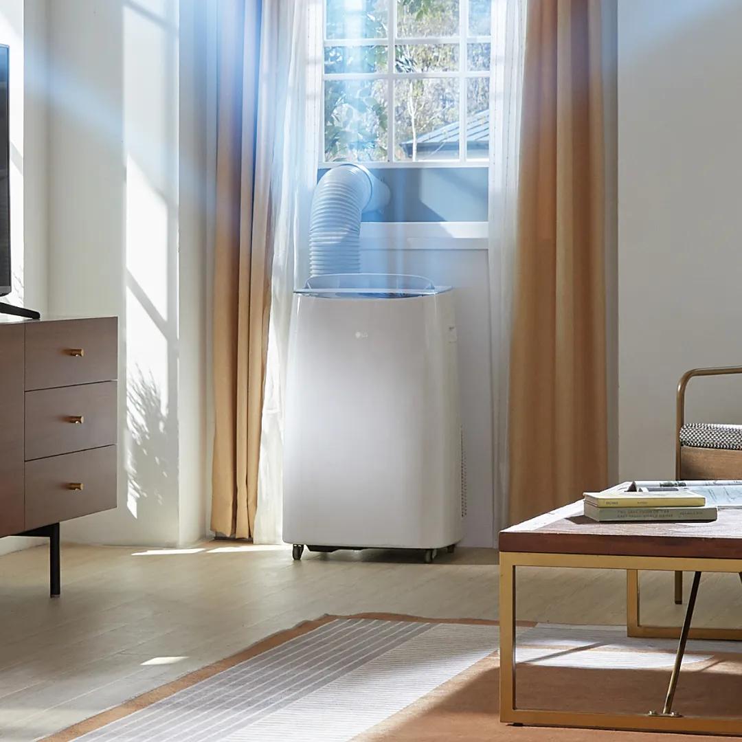 A portable air conditioner appears in a bright living room.