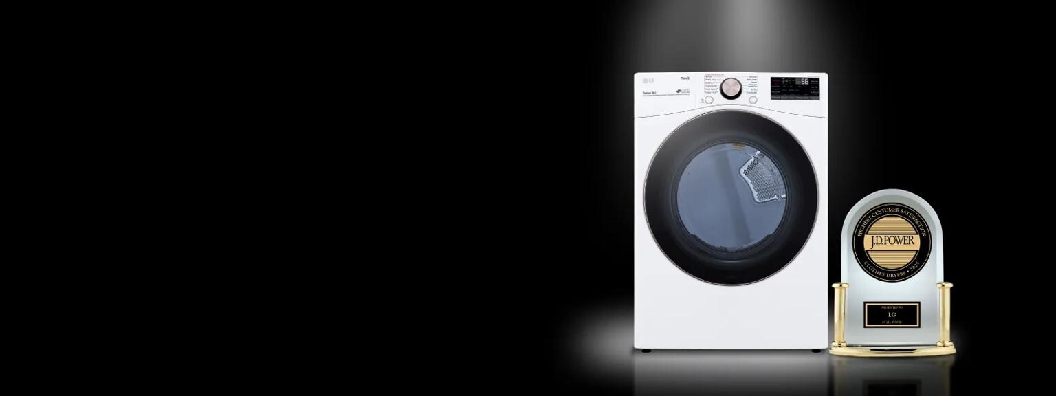On a black background, an LG dryer and a JD Power trophy stand side by side.