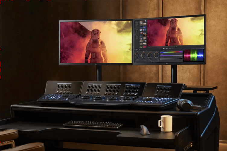 A desk with two LG OLED Pro computer monitors on it.