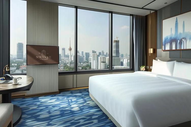 Modern hotel room with a city view from a large window, featuring a bed, a table with a coffee cup, and a mounted TV.