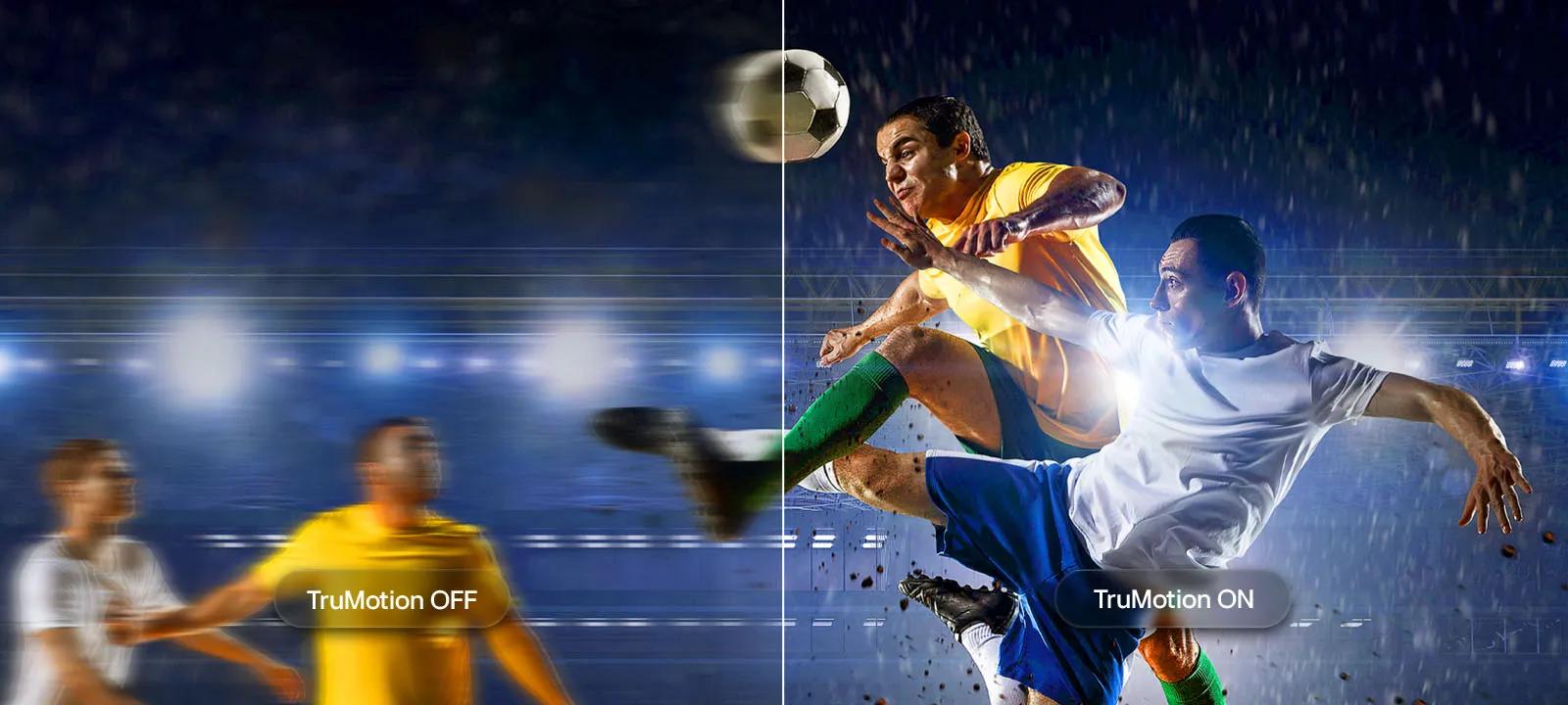 LG TV with TruMotion highlights motion smoothing in a split-screen soccer scene, contrasting blurred action with TruMotion Off and sharp, clear movement with TruMotion On to emphasize clarity in fast-paced sports.