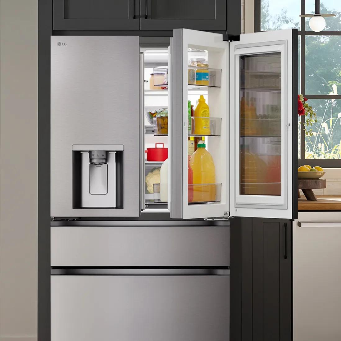 LG 4-door French door refrigerator with right door-in-door panel open, showing drinks and condiments inside, plus an exterior ice and water dispenser.