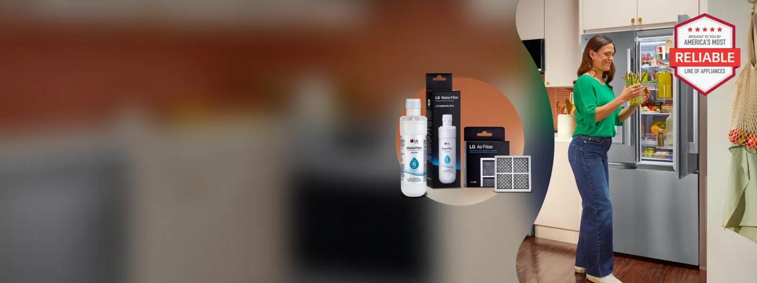 A woman in a kitchen holding asparagus near an open LG French Door refrigerator. Two packaged water filters, a single packaged air filter, and a single unpackaged water filter are shown. The “America's Most Reliable Line of Appliances” badge is in the bottom right corner.