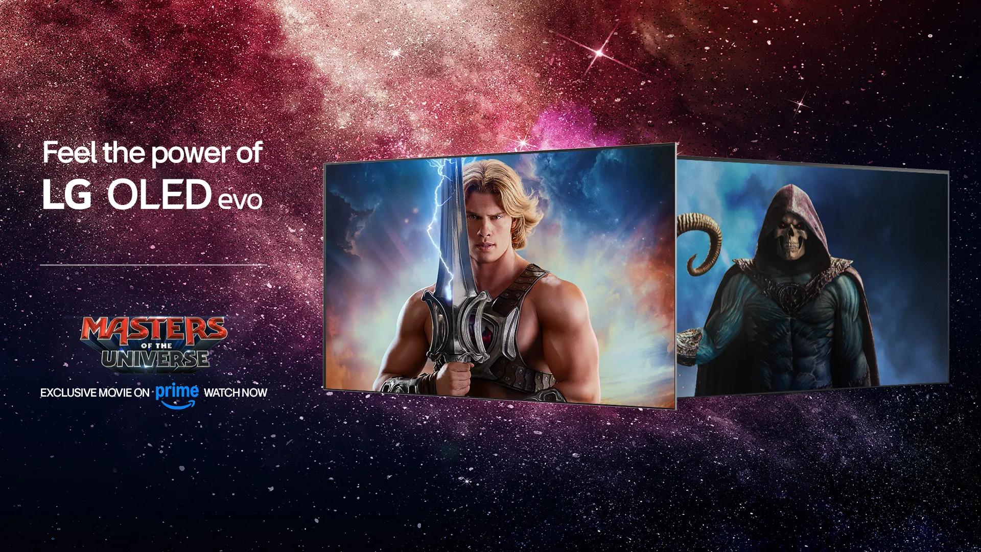 LG OLED evo TV displaying Masters of the Universe characters against a cosmic starfield backdrop, with text reading "Feel the power of LG OLED evo" and "Masters of the Universe — Exclusive Movie on prime WATCH NOW"