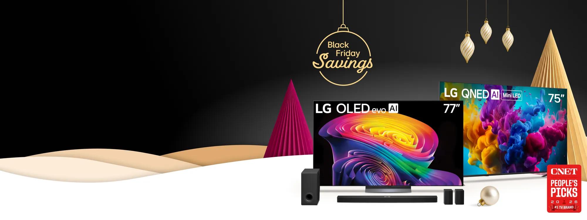 Black Friday Savings -- LG OLED evo AI 77-Inch TV and LG QNED AI Mini LED 75-Inch TV displayed with a Soundbar and speakers against a holiday-themed backdrop with decorative trees and ornaments, with CNET People's Picks 2026 #1 TV Brand badge