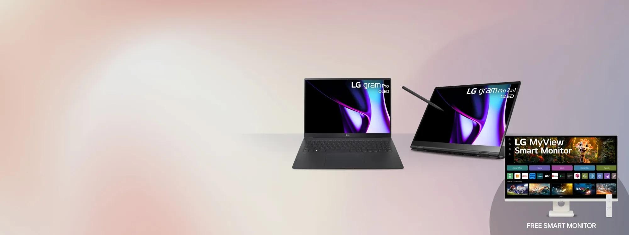 An LG Gram notebook paired with free smart monitors, illustrating an efficient and stylish office environment.