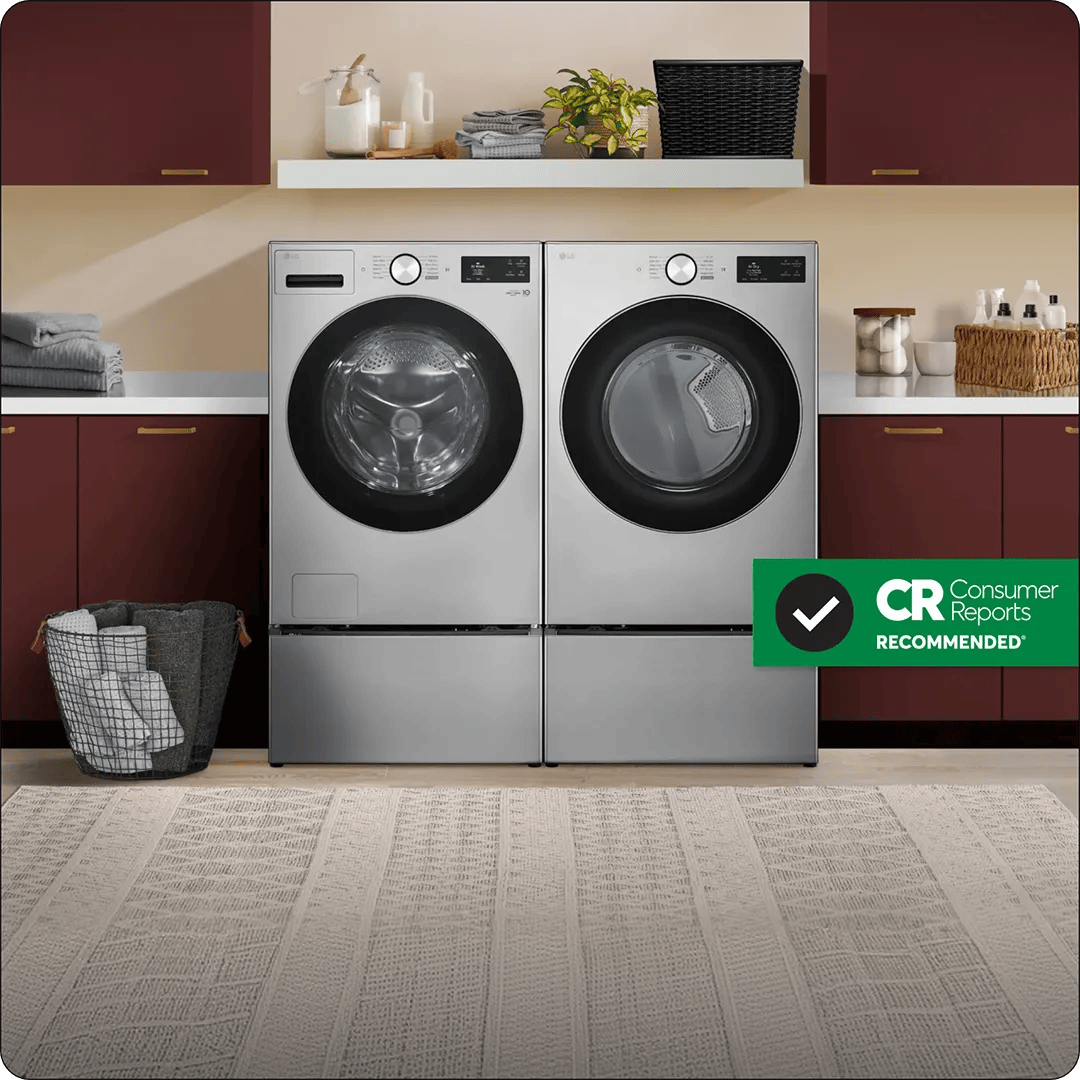 A matching LG front-load washer and dryer on pedestals in a laundry room with maroon cabinets, with a Consumer Reports Recommended badge.