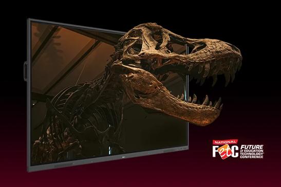 LG CreateBoard with a dinosaur skeleton coming out of it in a 3D appearance.