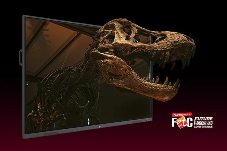 LG CreateBoard with a dinosaur skeleton coming out of it in a 3D appearance.