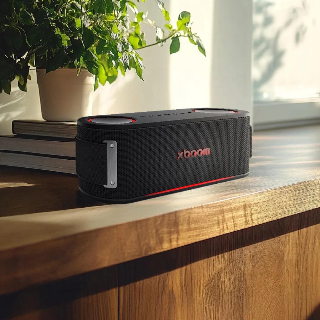 xboom speaker on a wood surface.