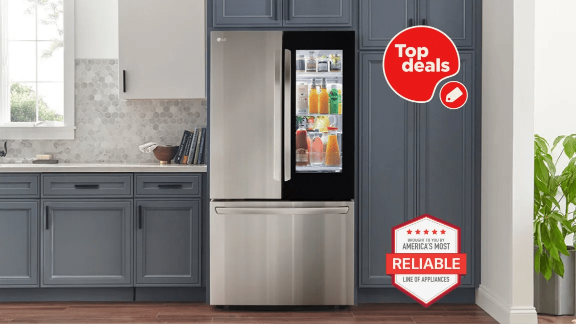 An LG InstaView Refrigerator in a stylish kitchen setting. “Top Deals” and “America’s Most Reliable Line of Home Appliances” badges. 