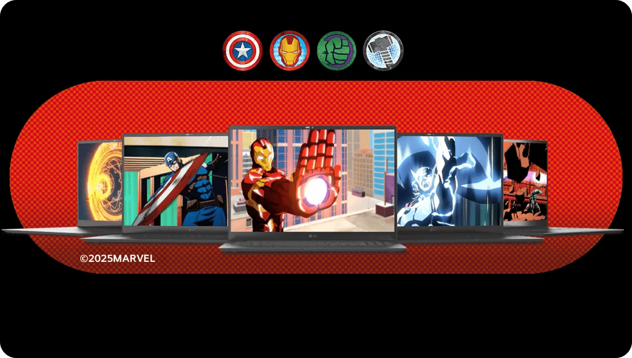 Laptops display Marvel superheroes: Captain America, Iron Man, the Hulk, and Spider-Man in animated scenes. Above are icons representing each hero. The background is a red pattern, and the image is ©2023MARVEL.