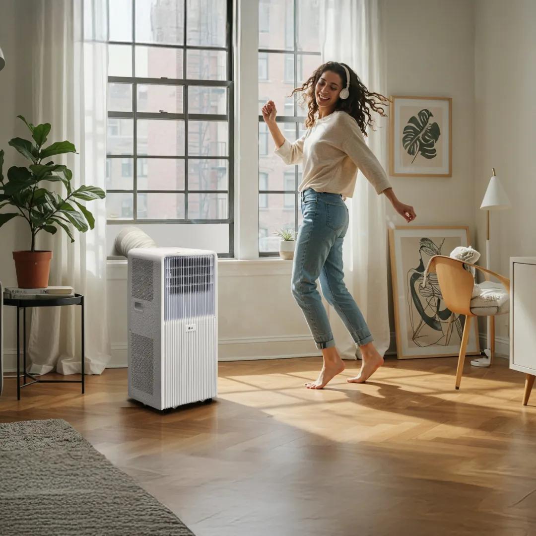 An LG air conditioner in a living room setting with a young woman dancing happily beside it.
