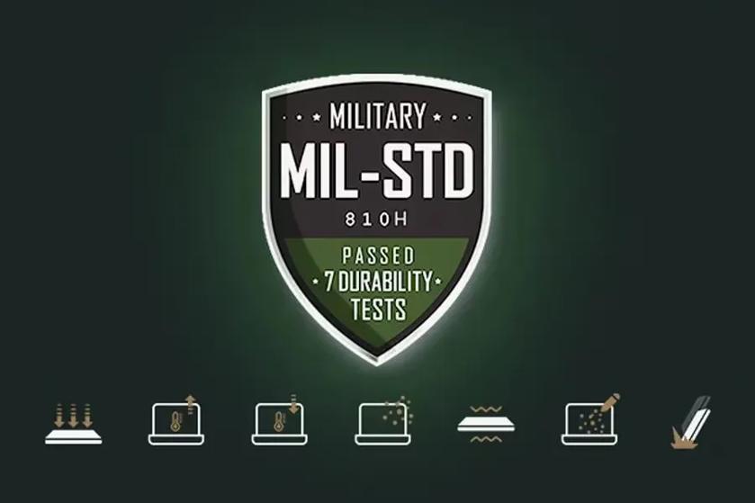Shield icon with text reading: Military MIL-STD 810H, Passed 7 Durability Tests.