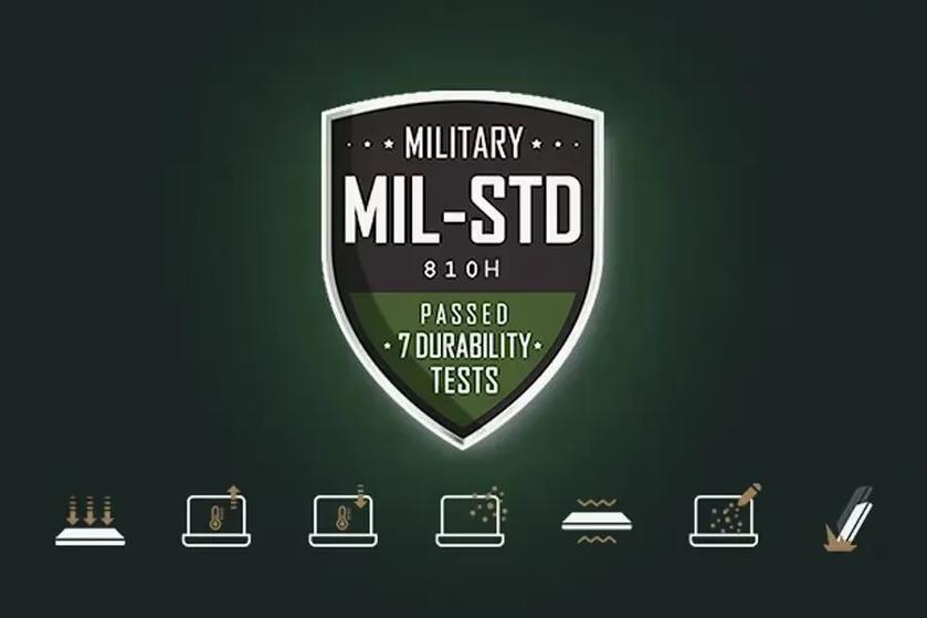 Shield icon with text reading: Military MIL-STD 810H, Passed 7 Durability Tests.