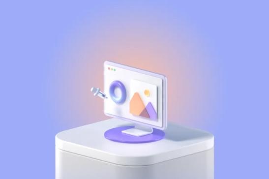 3D rendering of a monitor displaying abstract shapes with a gradient background.