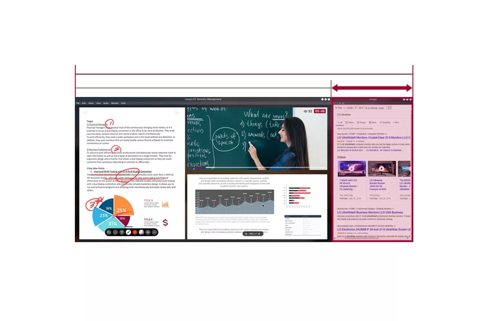 More Screen Space of 21 9 UltraWide display compared to 16 9 display with an ongoing online class on the screen