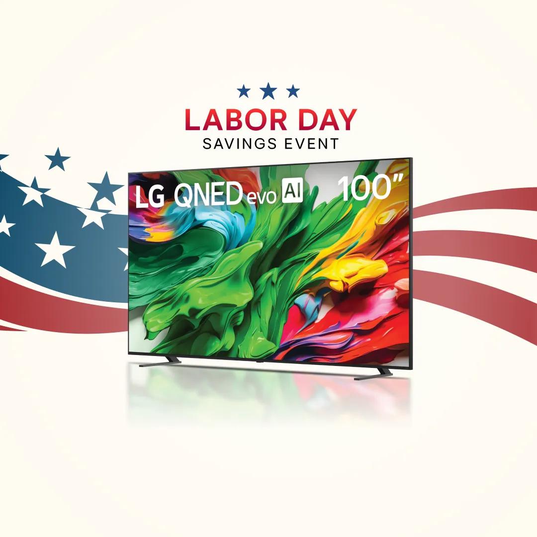 ”Labor Day Savings Event” title badge. An LG QNED TV on a stars and stripes background.